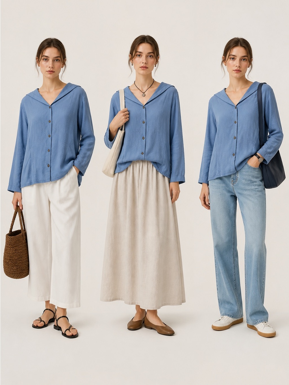 Flax Cotton Blend Long Sleeve Women's M Relaxed Bandless V-Neck Button Shirt